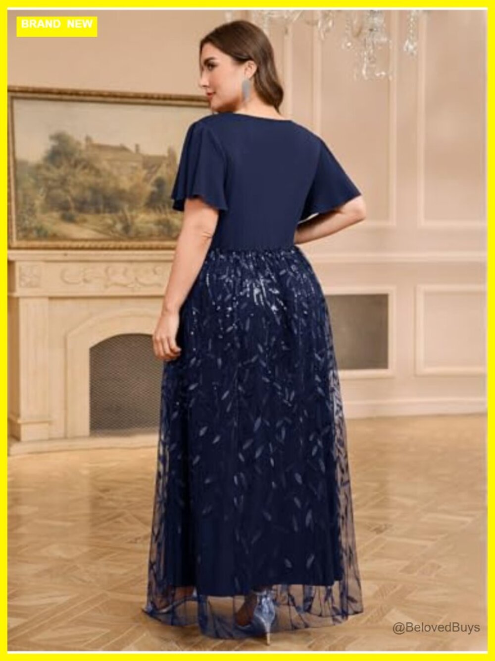 Plus Size Sequin Tulle Formal Maxi Dress V-Neck A-Line Ruffle Sleeve Prom - Picture 4 of 6